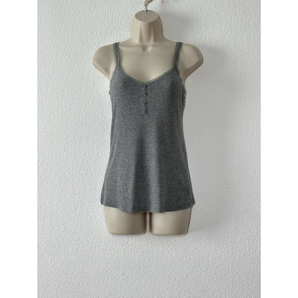 Y2K Gray Henley Tank Top‎ Cami Lace Strap Button Rib Knit Size Small Preppy